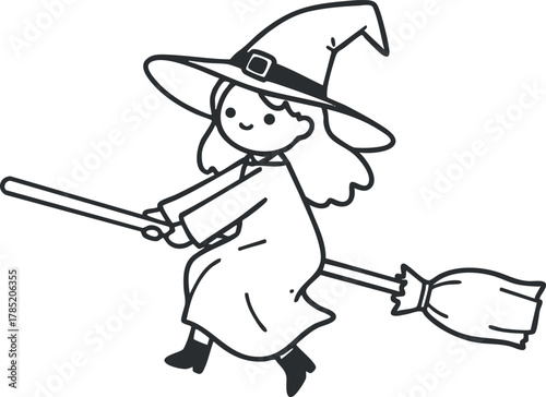 Cute cartoon vector illustration of a witch flying on a broomstick, ideal for Halloween-themed designs and children's projects