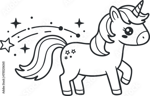 Cute cartoon unicorn vector illustration with a sparkling tail and stars, perfect for children's designs and fantasy themes
