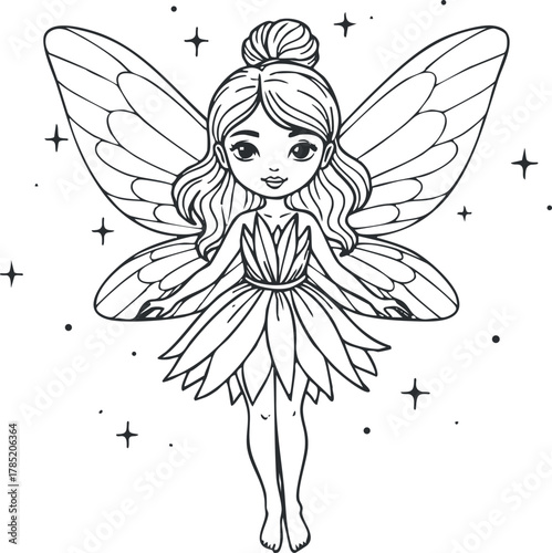 Cute black and white vector illustration of a whimsical fairy character with flower-inspired attire and detailed wings.