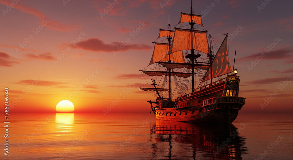 Fototapeta premium Majestic Historical Galleon Sailing into a Fiery Orange Sunset. A breathtaking, dramatic image of a large, full-rigged historical galleon sailing across calm, reflecting waters during a magnificent 