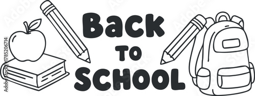 Playful black and white vector illustration featuring back to school elements like an apple, pencils, a book, and a backpack for educational themes.