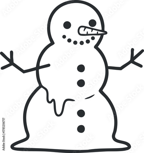 Playful outline vector illustration of a melting snowman character, perfect for winter-themed designs and holiday projects