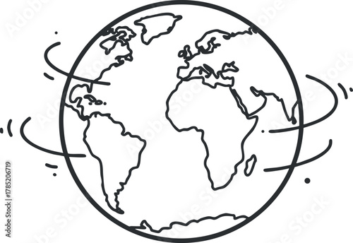 Outline vector illustration of the Earth globe with swirling lines representing connectivity and global travel for design projects.