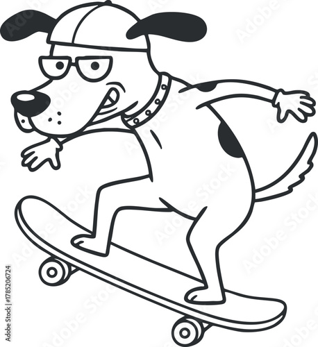 Playful cartoon vector illustration of a dog skateboarding, featuring a fun and dynamic design ideal for children's projects or merchandise