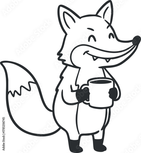 Cute cartoon fox character holding a cup, designed in a playful line art style for children's illustrations and merchandise