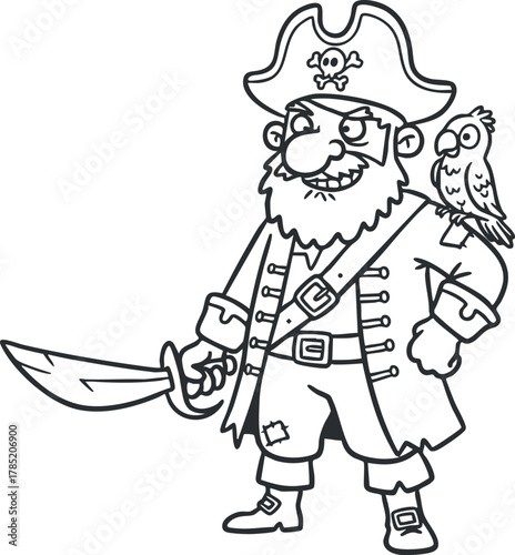 Playful cartoon pirate character illustration with a sword and parrot in a bold line art style for children's designs.
