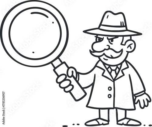 Cartoon-style vector illustration of a detective holding a magnifying glass, ideal for mystery-themed designs and educational materials