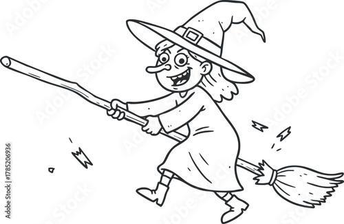 Playful black and white vector illustration of a cheerful witch flying on a broomstick, perfect for Halloween-themed designs