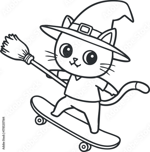 Cute cartoon illustration of a cat wearing a witch hat, skateboarding and holding a broomstick, ideal for playful designs