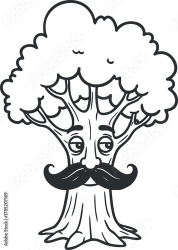 Whimsical cartoon vector illustration of a friendly tree character with a mustache, perfect for playful design projects and eco-friendly themes
