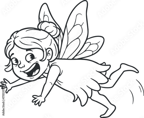 Playful line art illustration of a cheerful fairy girl with wings, perfect for coloring books and fantasy-themed designs