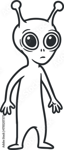 Whimsical cartoon vector illustration of a friendly alien character with big eyes and a playful pose, ideal for children's designs and science fiction themes