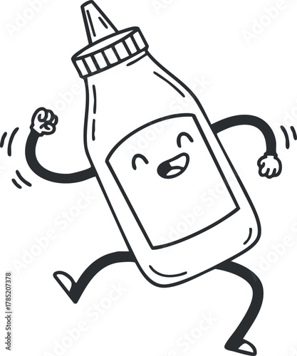 Cheerful cartoon vector illustration of a happy ketchup bottle character running joyfully, perfect for food-related designs and branding.