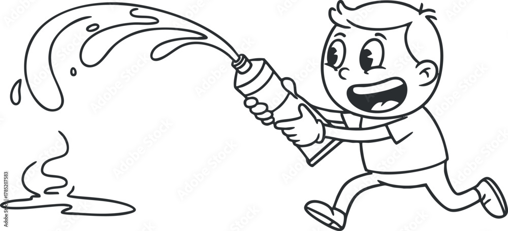 Fototapeta premium Playful line art illustration of a happy boy spraying water with a hose, perfect for children's themes and summer activities