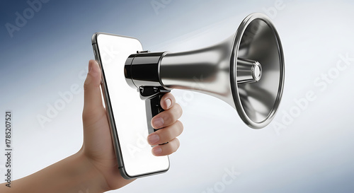 Hand holding smartphone with silver megaphone emerging from screen announcing news announcement