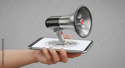 Hand holding smartphone with silver megaphone emerging from screen creating ripples communication