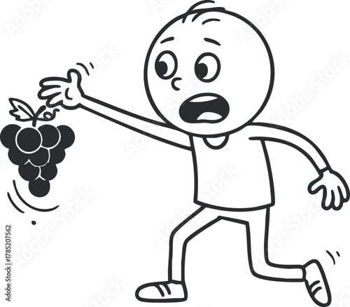 Playful black and white vector illustration of a surprised boy reaching for grapes, ideal for children's health and nutrition concepts