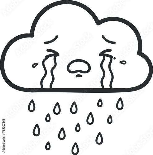 Cute cartoon vector illustration of a sad cloud with tears and raindrops, perfect for emotional themes and weather-related designs