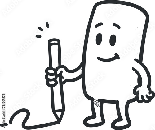Playful cartoon character holding a pencil, designed in a whimsical, hand-drawn style, perfect for educational materials and creative projects