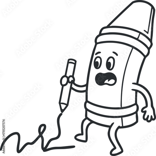 Playful cartoon vector illustration of a scared crayon character holding a pencil, perfect for children's art and education projects