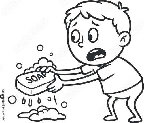 Playful vector illustration of a surprised child holding a bar of soap with bubbles, emphasizing hygiene and cleanliness.