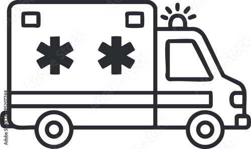 Outline vector illustration of an ambulance vehicle with emergency symbols, ideal for healthcare and emergency service designs