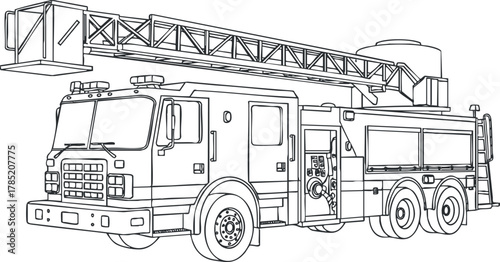 Detailed outline vector illustration of a modern fire truck with an extended ladder for emergency response and firefighting.