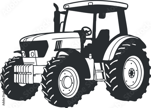 Stylized black and white vector illustration of a modern tractor for agriculture and farming design projects