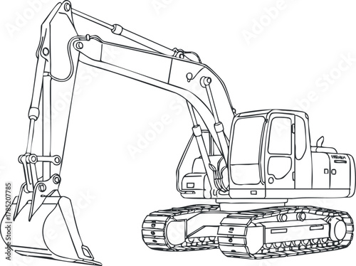 Detailed outline vector illustration of an excavator, showcasing heavy machinery for construction and engineering projects