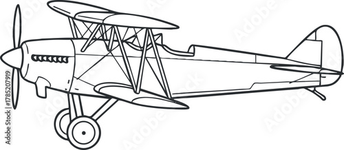 Outline vector illustration of a classic biplane aircraft, ideal for aviation-themed designs and projects.