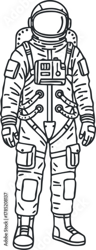 Line art vector illustration of an astronaut in a space suit, ideal for science and technology projects.