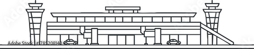Outline vector illustration of a modern airport terminal showcasing transport infrastructure and air traffic control towers