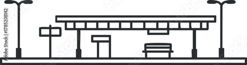Minimalist vector illustration of a public transport station featuring a bench, signs, and street lamps for urban design projects