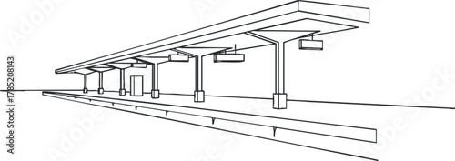 Outline vector illustration of a modern train station platform, showcasing minimalist architectural design for transportation concepts