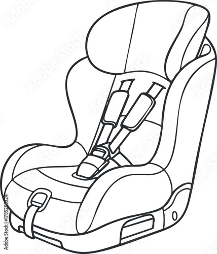 Outline vector illustration of a child car seat design suitable for safety gear and parenting-related projects