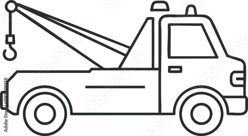 Outline vector illustration of a tow truck, ideal for transportation and automotive service graphics or icons