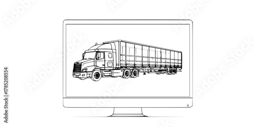 Minimalist line art vector of a Computer Monitor displaying a Digital Twin Wireframe of a truck/asset.