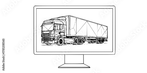 Minimalist line art vector of a Computer Monitor displaying a Digital Twin Wireframe of a truck/asset.