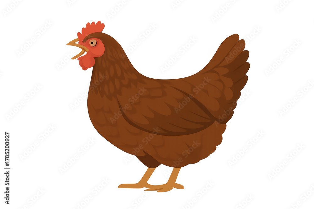 Fototapeta premium Brown hen clucking with comb and wattle, a domestic farm animal cartoon illustration, transparent background