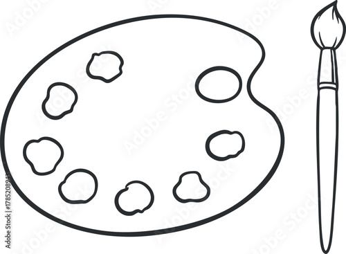 Outline vector illustration of an artist's palette with paint blobs and a brush, perfect for creative projects and art-related designs