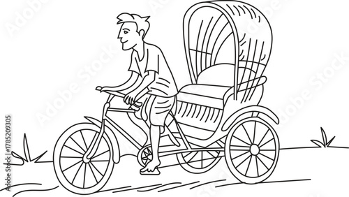 The rickshaw puller drives a rickshaw line art vector.