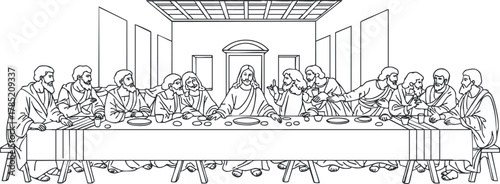 Outline vector illustration of The Last Supper featuring Jesus and his disciples in a minimalist style for religious art projects