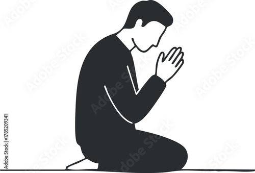 Silhouette vector illustration of a person kneeling in prayer, expressing devotion and spirituality for meditation and reflection.