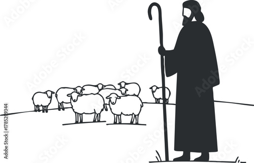 Silhouette vector illustration of a shepherd with a flock of sheep in a serene rural landscape