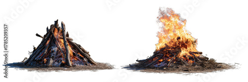 Two vibrant campfires with flames and wood (1)