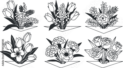 Stylized black and white vector illustration of floral bouquets featuring various flower arrangements for decoration and design projects