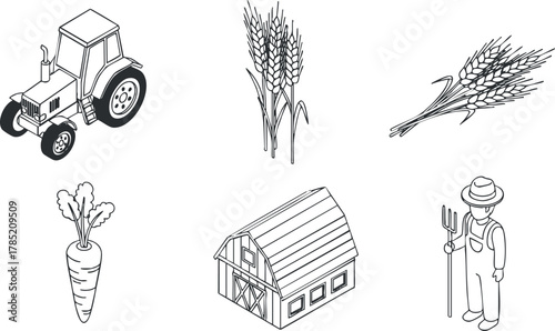 Outline vector illustration of agricultural elements including a tractor, barn, carrot, farmer, and wheat for farming and harvest themes