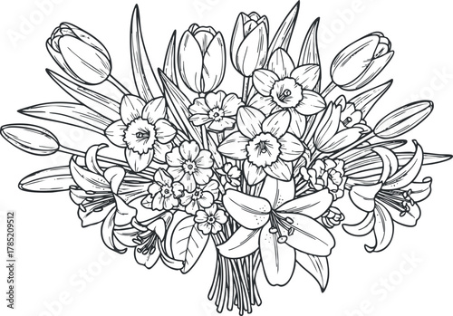 Detailed black and white vector illustration of a floral bouquet featuring various flowers including lilies, tulips, and daffodils.