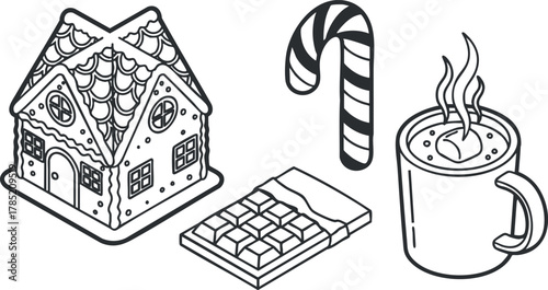 Outline vector illustration of a gingerbread house, candy cane, chocolate bar, and hot cocoa for festive holiday themes