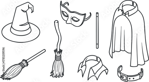 Outline vector illustration of Halloween costume accessories including witch hat, broom, mask, cape, and more for festive designs